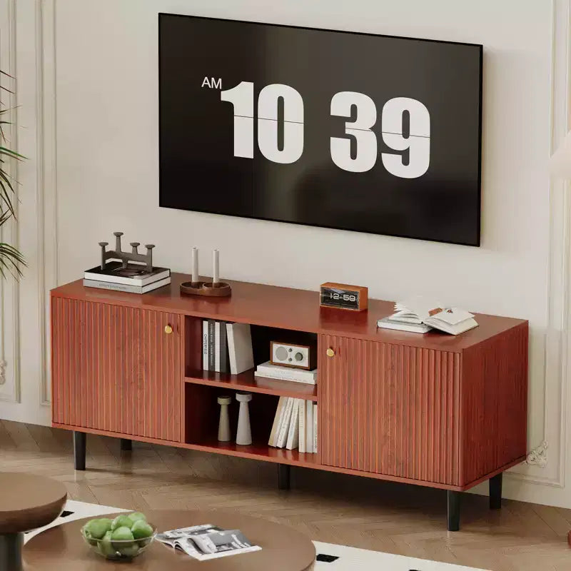 Garvee Fluted TV Stand for TVs up to 65in, Wooden Mid Century Entertainment Center 55in Long Media Console Table with 2 Doors Storage Adjustable Shelf