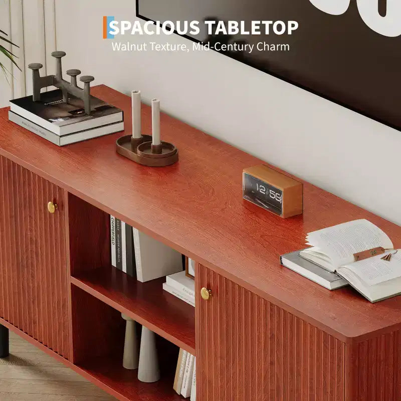Garvee Fluted TV Stand for TVs up to 65in, Wooden Mid Century Entertainment Center 55in Long Media Console Table with 2 Doors Storage Adjustable Shelf