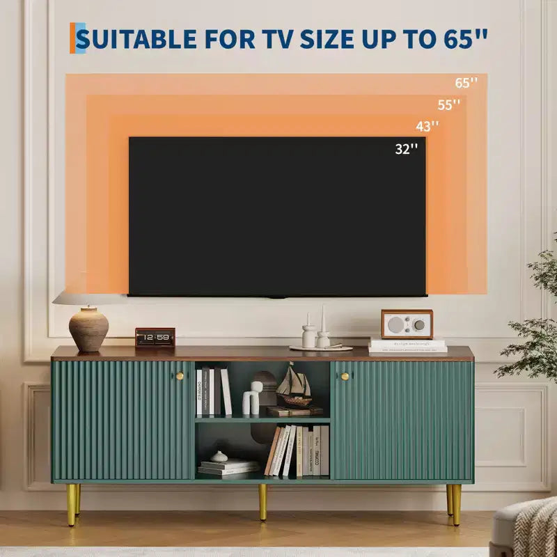 Garvee Fluted TV Stand for TVs up to 65in, Wooden Mid Century Entertainment Center 55in Long Media Console Table with 2 Doors Storage Adjustable Shelf