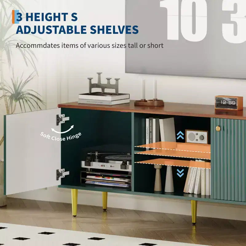 Garvee Fluted TV Stand for TVs up to 65in, Wooden Mid Century Entertainment Center 55in Long Media Console Table with 2 Doors Storage Adjustable Shelf