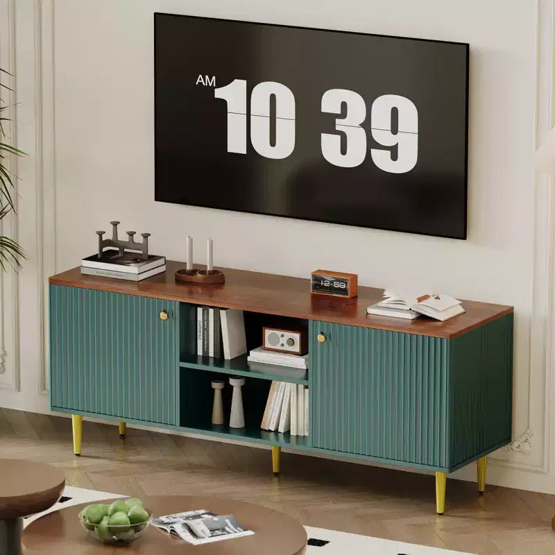 Garvee Fluted TV Stand for TVs up to 65in, Wooden Mid Century Entertainment Center 55in Long Media Console Table with 2 Doors Storage Adjustable Shelf