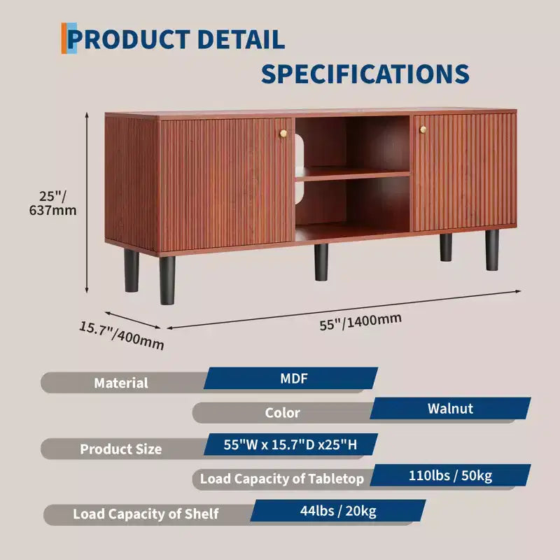 Garvee Fluted TV Stand for TVs up to 65in, Wooden Mid Century Entertainment Center 55in Long Media Console Table with 2 Doors Storage Adjustable Shelf