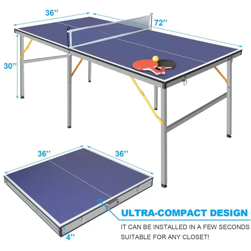 Portable Ping Pong Table,6X3 ft Professional Indoor/Outdoor Table Tennis Tables Game with Net for Adults/Teens,2 Tennis Paddles and 3 Balls