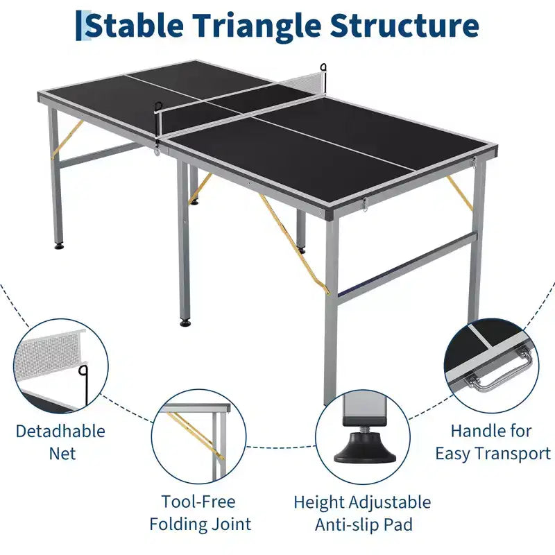 Portable Ping Pong Table,6X3 ft Professional Indoor/Outdoor Table Tennis Tables Game with Net for Adults/Teens,2 Tennis Paddles and 3 Balls