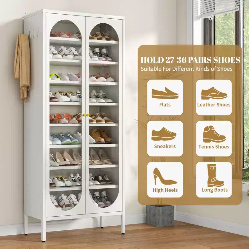 Bekrvio 9-Tier Tall Metal Shoe Cabinet with Glass Doors, Heavy Duty Freestanding Shoe Storage Rack with Adjustable Shelves, 2736 Pairs