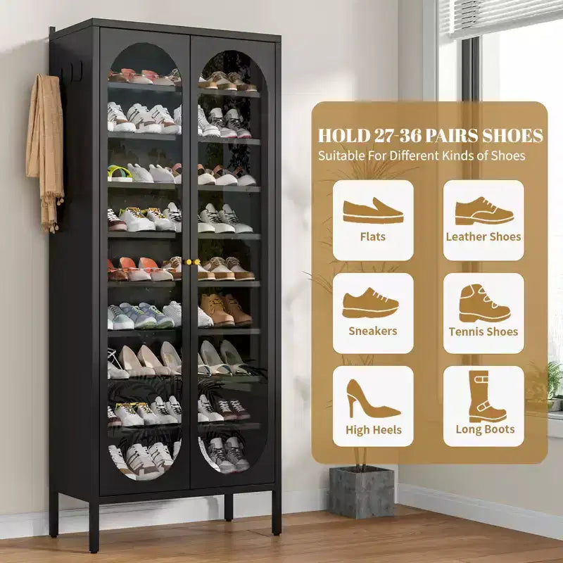 Bekrvio 9-Tier Tall Metal Shoe Cabinet with Glass Doors, Heavy Duty Freestanding Shoe Storage Rack with Adjustable Shelves, 2736 Pairs