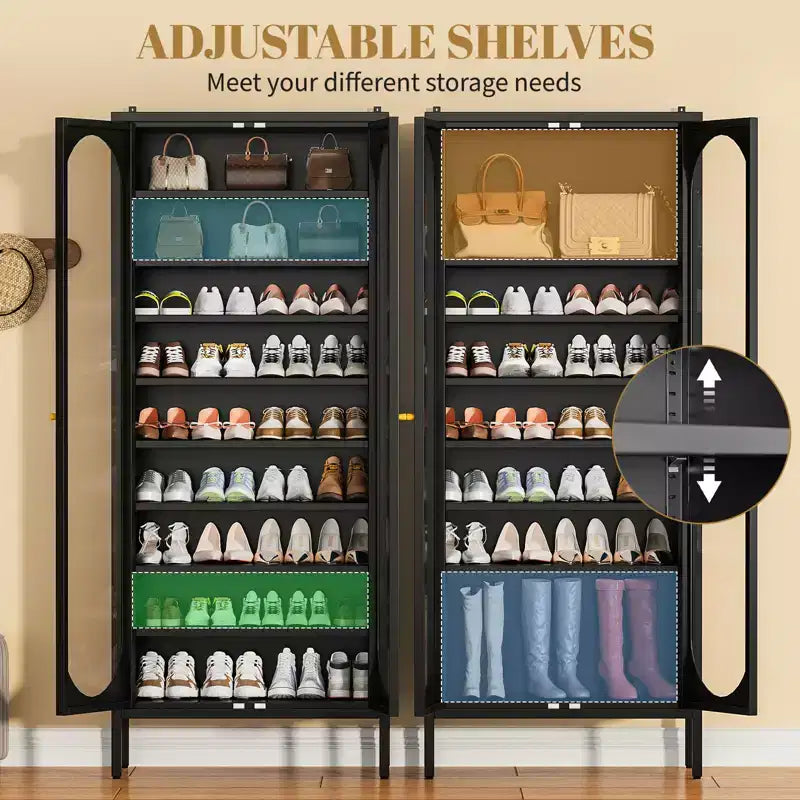 Bekrvio 9-Tier Tall Metal Shoe Cabinet with Glass Doors, Heavy Duty Freestanding Shoe Storage Rack with Adjustable Shelves, 2736 Pairs