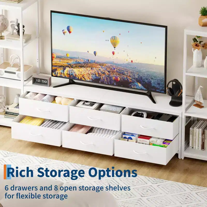 Modern Industrial Dresser TV Stand for 75 Inch TV - 6 Fabric Drawers - 4-Tier Storage Shelves - Large Media Console Cabinet