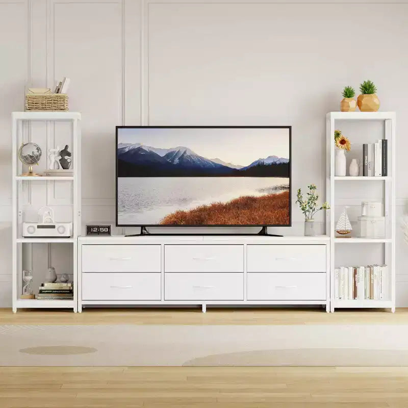 Modern Industrial Dresser TV Stand for 75 Inch TV - 6 Fabric Drawers - 4-Tier Storage Shelves - Large Media Console Cabinet