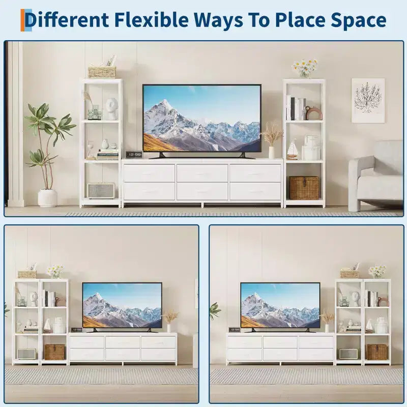 Modern Industrial Dresser TV Stand for 75 Inch TV - 6 Fabric Drawers - 4-Tier Storage Shelves - Large Media Console Cabinet