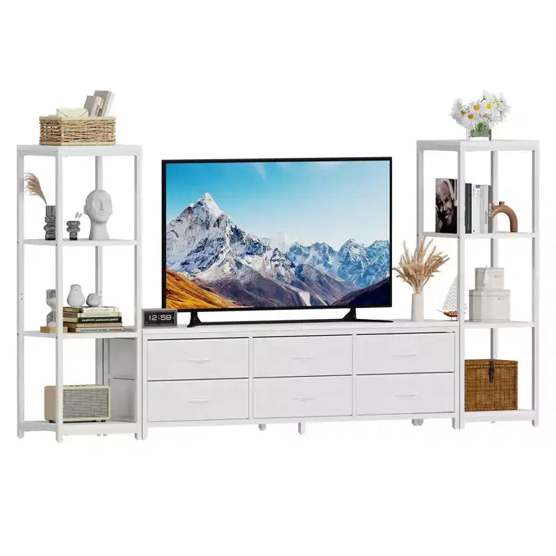 Modern Industrial Dresser TV Stand for 75 Inch TV - 6 Fabric Drawers - 4-Tier Storage Shelves - Large Media Console Cabinet