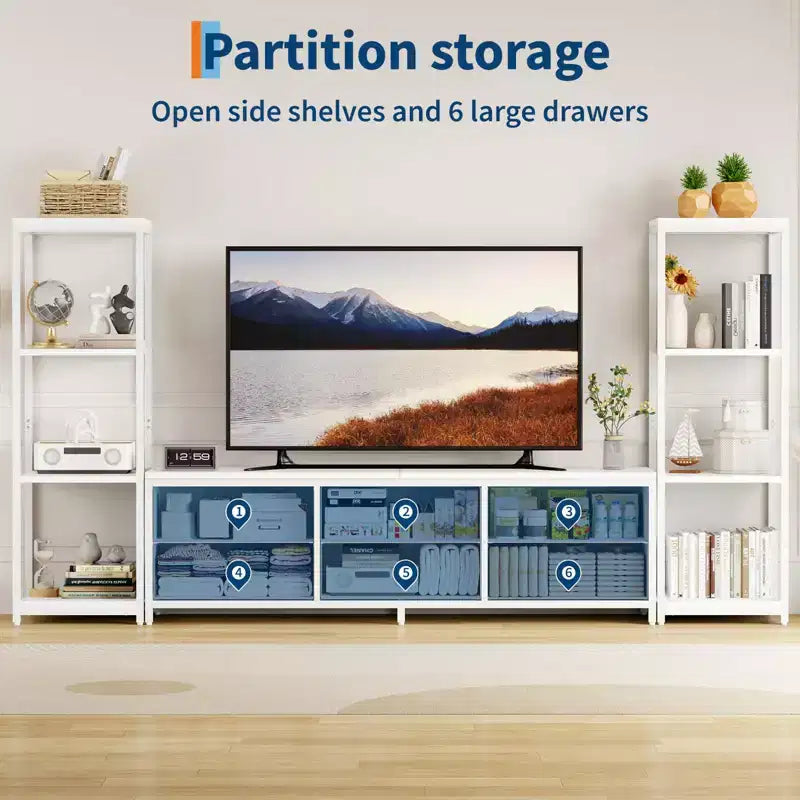 Modern Industrial Dresser TV Stand for 75 Inch TV - 6 Fabric Drawers - 4-Tier Storage Shelves - Large Media Console Cabinet
