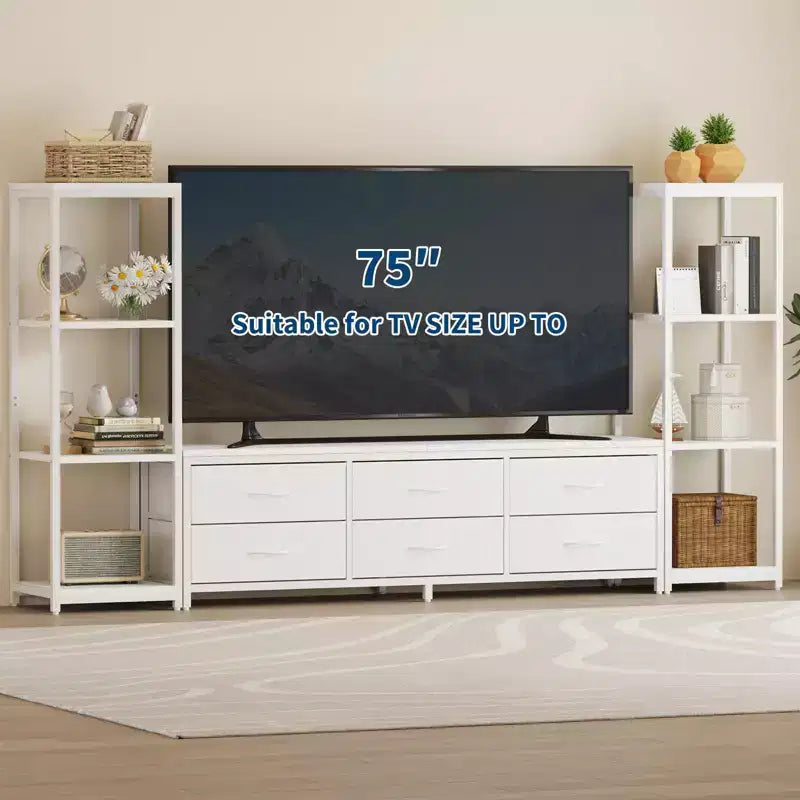 Modern Industrial Dresser TV Stand for 75 Inch TV - 6 Fabric Drawers - 4-Tier Storage Shelves - Large Media Console Cabinet