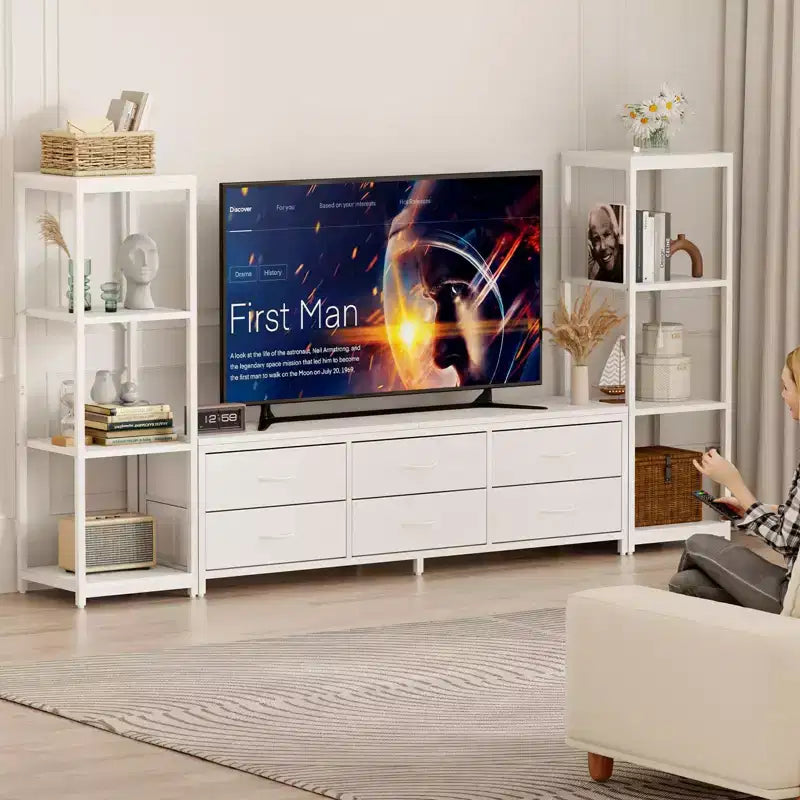 Modern Industrial Dresser TV Stand for 75 Inch TV - 6 Fabric Drawers - 4-Tier Storage Shelves - Large Media Console Cabinet