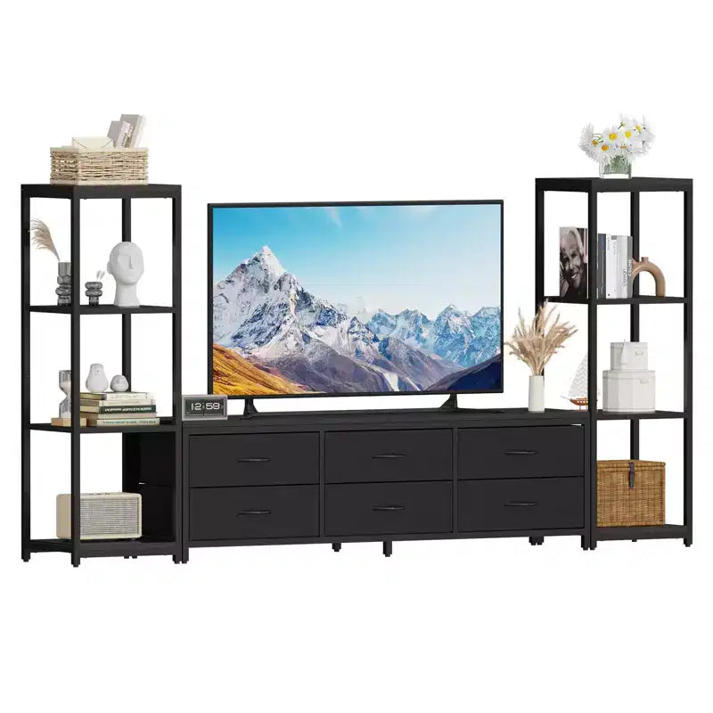 Modern Industrial Dresser TV Stand for 75 Inch TV - 6 Fabric Drawers - 4-Tier Storage Shelves - Large Media Console Cabinet