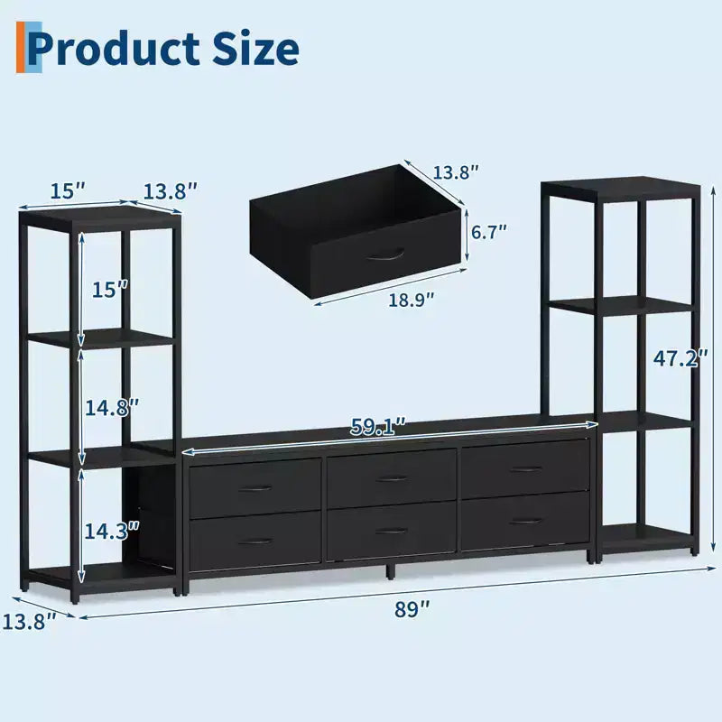 Modern Industrial Dresser TV Stand for 75 Inch TV - 6 Fabric Drawers - 4-Tier Storage Shelves - Large Media Console Cabinet