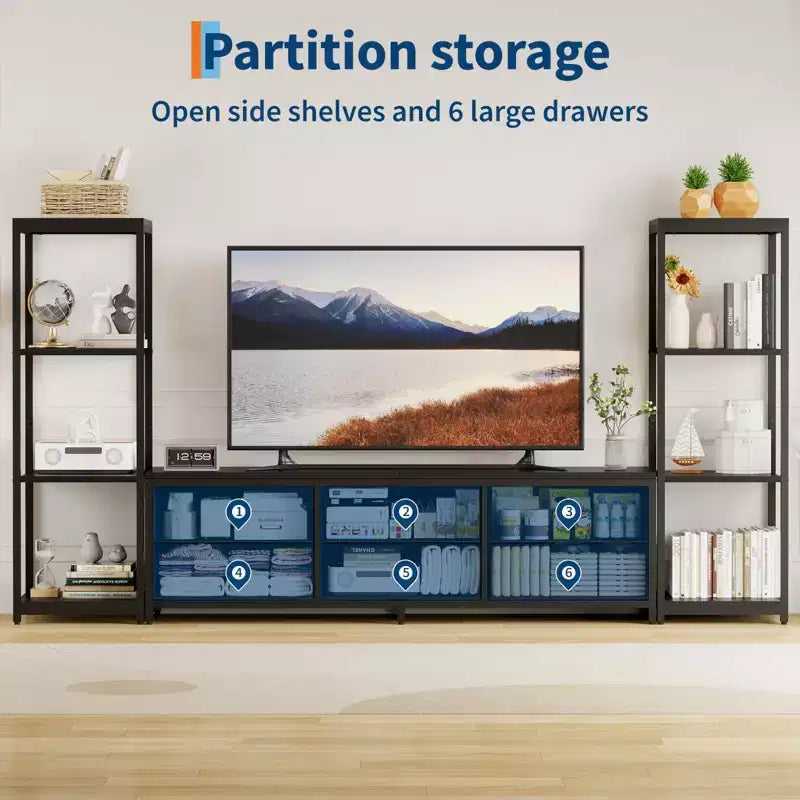 Modern Industrial Dresser TV Stand for 75 Inch TV - 6 Fabric Drawers - 4-Tier Storage Shelves - Large Media Console Cabinet