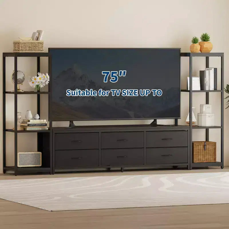 Modern Industrial Dresser TV Stand for 75 Inch TV - 6 Fabric Drawers - 4-Tier Storage Shelves - Large Media Console Cabinet