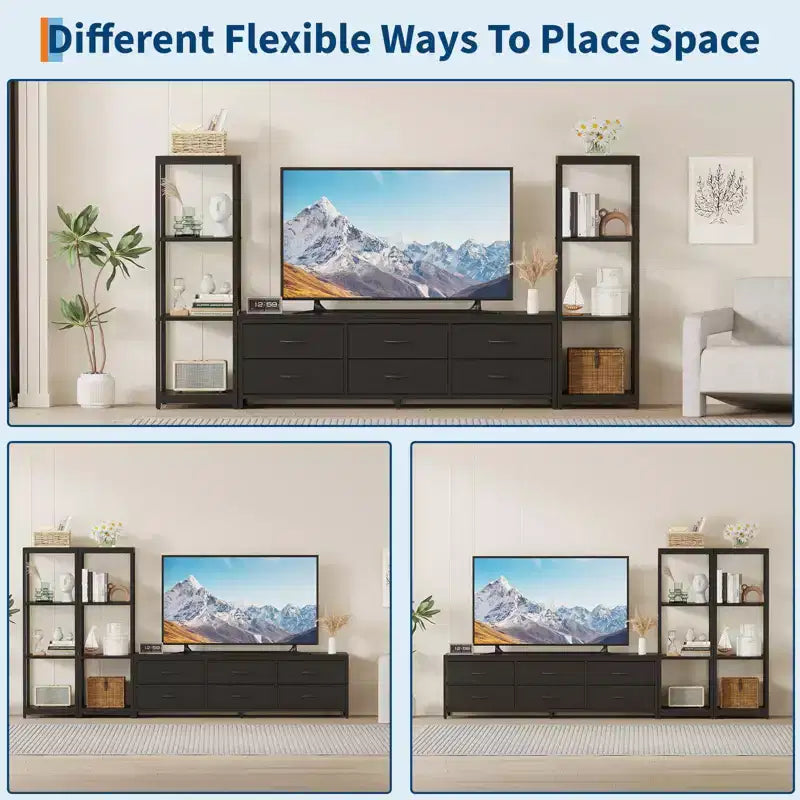 Modern Industrial Dresser TV Stand for 75 Inch TV - 6 Fabric Drawers - 4-Tier Storage Shelves - Large Media Console Cabinet