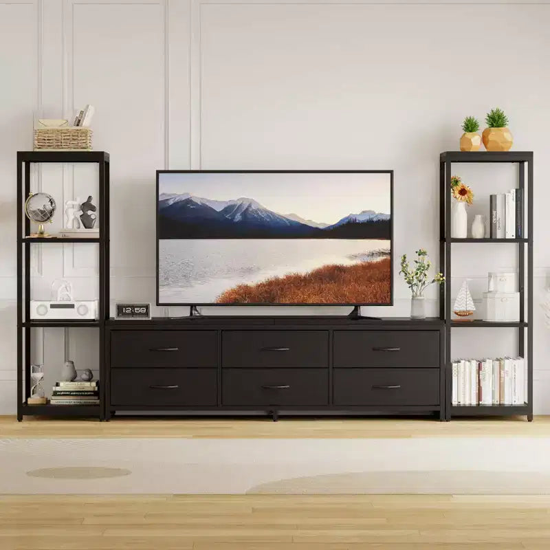 Modern Industrial Dresser TV Stand for 75 Inch TV - 6 Fabric Drawers - 4-Tier Storage Shelves - Large Media Console Cabinet