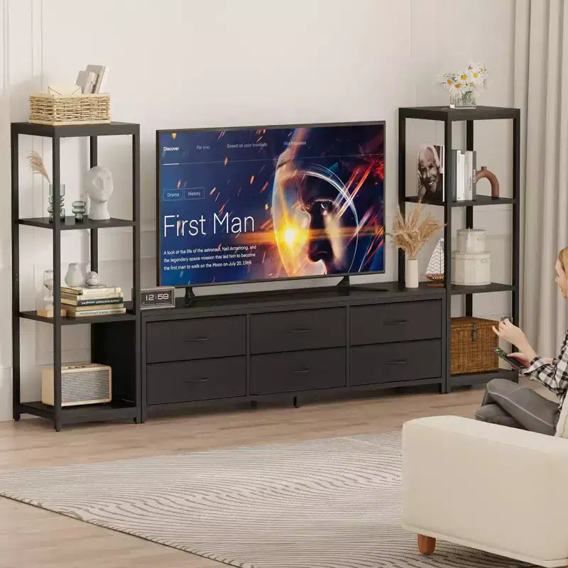Modern Industrial Dresser TV Stand for 75 Inch TV - 6 Fabric Drawers - 4-Tier Storage Shelves - Large Media Console Cabinet