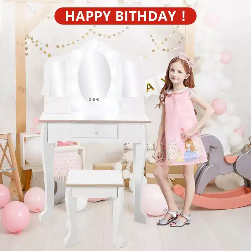 Kids Vanity with Lighted Mirror, Little Girls Vanity Table