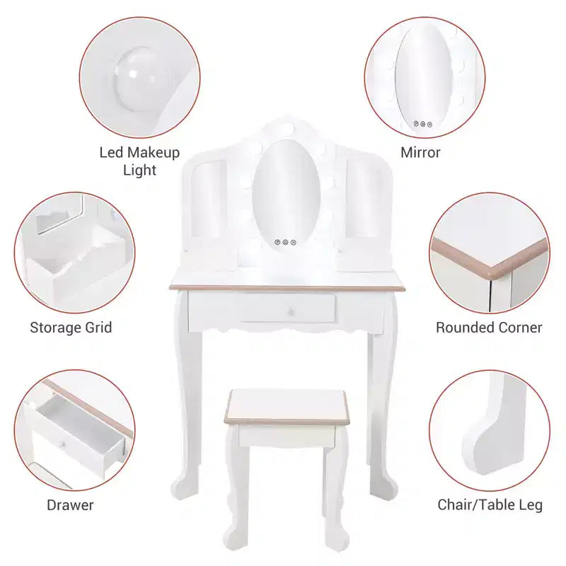 Kids Vanity with Lighted Mirror, Little Girls Vanity Table