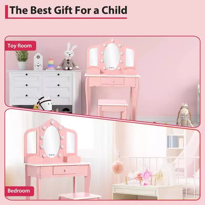 Kids Vanity with Lighted Mirror, Little Girls Vanity Table