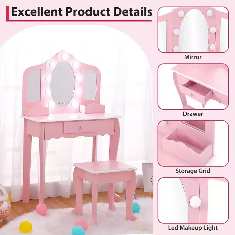 Kids Vanity with Lighted Mirror, Little Girls Vanity Table