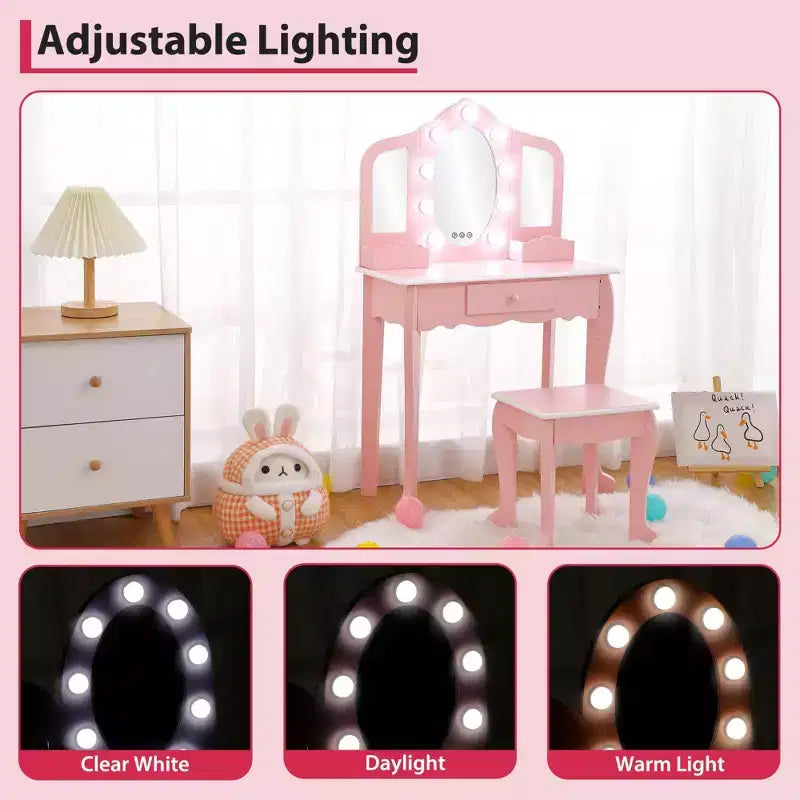 Kids Vanity with Lighted Mirror, Little Girls Vanity Table