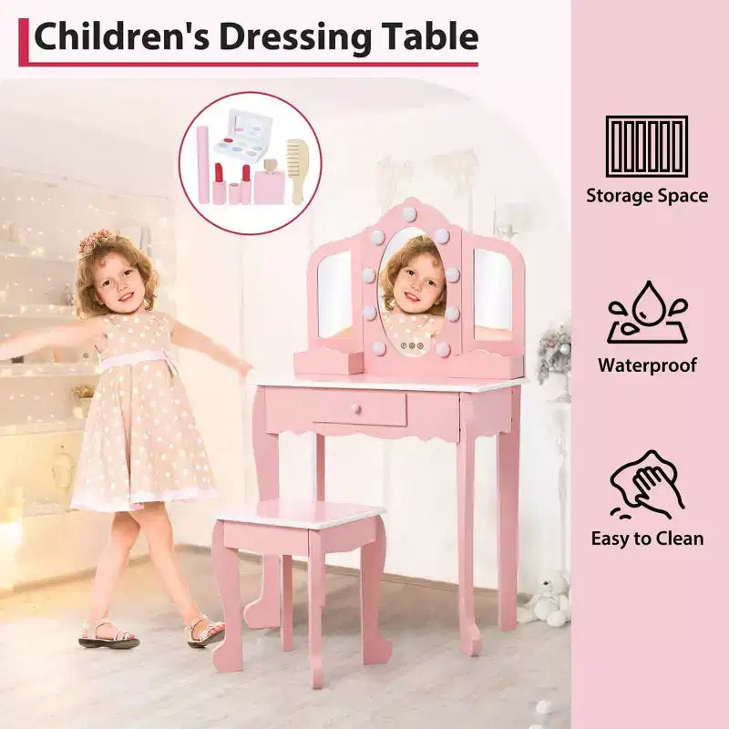 Kids Vanity with Lighted Mirror, Little Girls Vanity Table