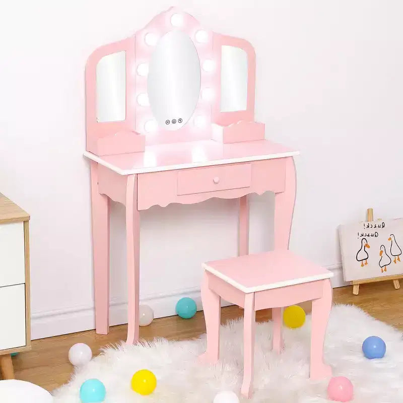 Kids Vanity with Lighted Mirror, Little Girls Vanity Table