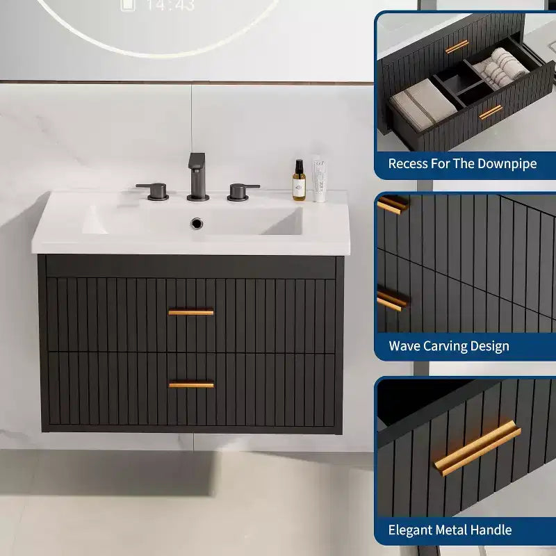 24 Floating Wall-Mounted Bathroom Vanity with Sink Combo, 2 Drawers & Storage Cabinet for Bathroom