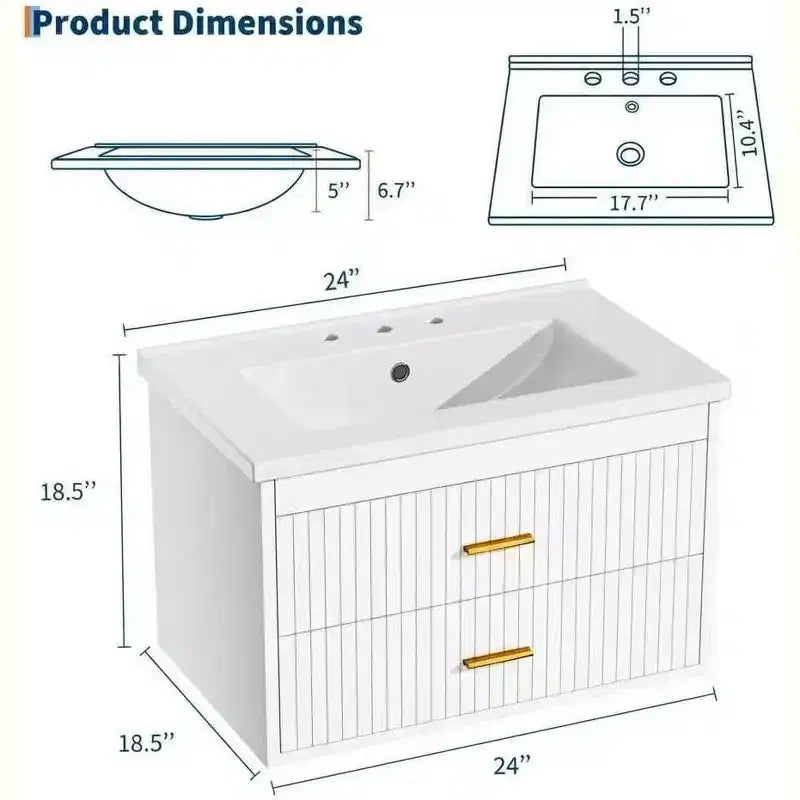 24 Floating Wall-Mounted Bathroom Vanity with Sink Combo, 2 Drawers & Storage Cabinet for Bathroom