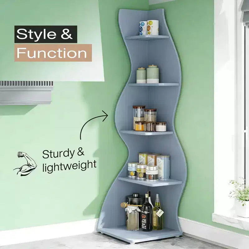 NAYSAYE Stylish Corner Bookshelf 5 Tier Universal Display Shelf Modern Wood Storage Rack for Living Room Office, 19.7*18.91*70.53