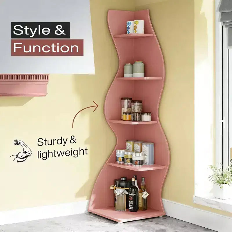 NAYSAYE Stylish Corner Bookshelf 5 Tier Universal Display Shelf Modern Wood Storage Rack for Living Room Office, 19.7*18.91*70.53