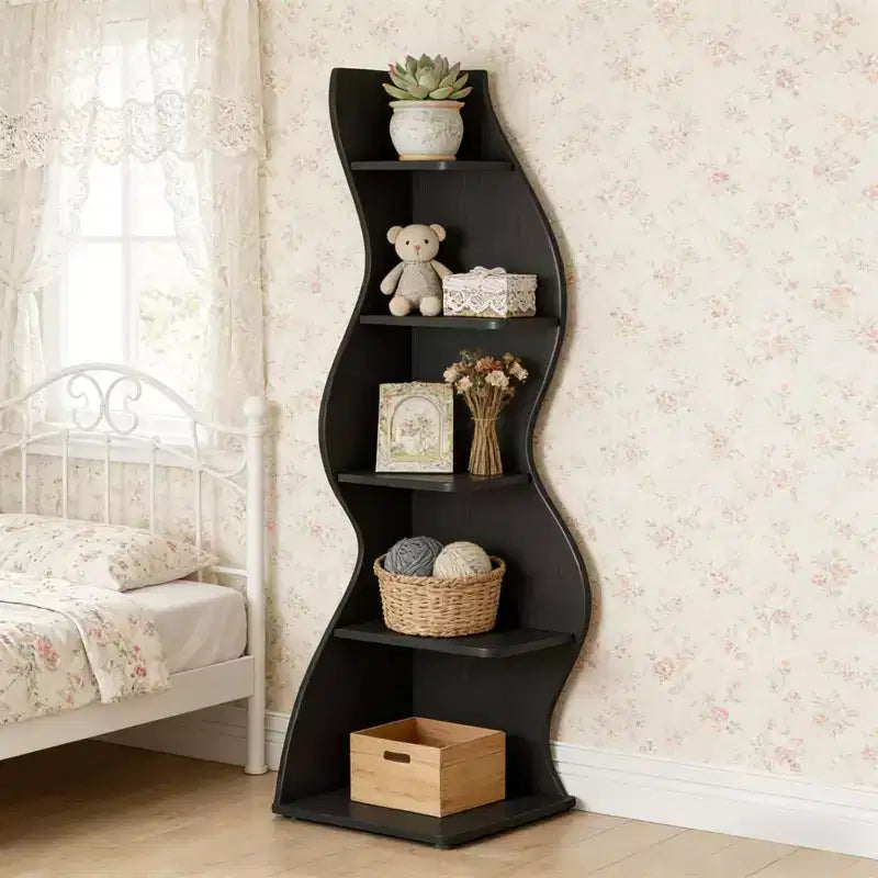 NAYSAYE Stylish Corner Bookshelf 5 Tier Universal Display Shelf Modern Wood Storage Rack for Living Room Office, 19.7*18.91*70.53