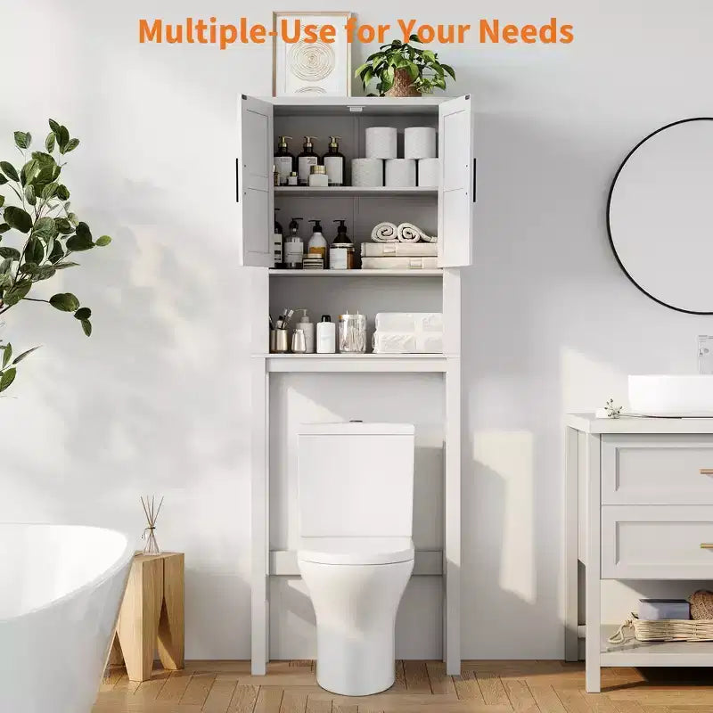 Freestanding Over the Toilet Storage Cabinet 2 Barn Doors Toilet Paper Holder Space-Saving Bathroom Organizer Shelf with Doors Shelve