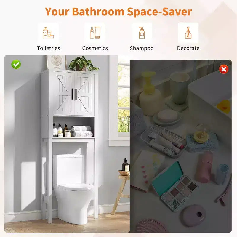 Freestanding Over the Toilet Storage Cabinet 2 Barn Doors Toilet Paper Holder Space-Saving Bathroom Organizer Shelf with Doors Shelve