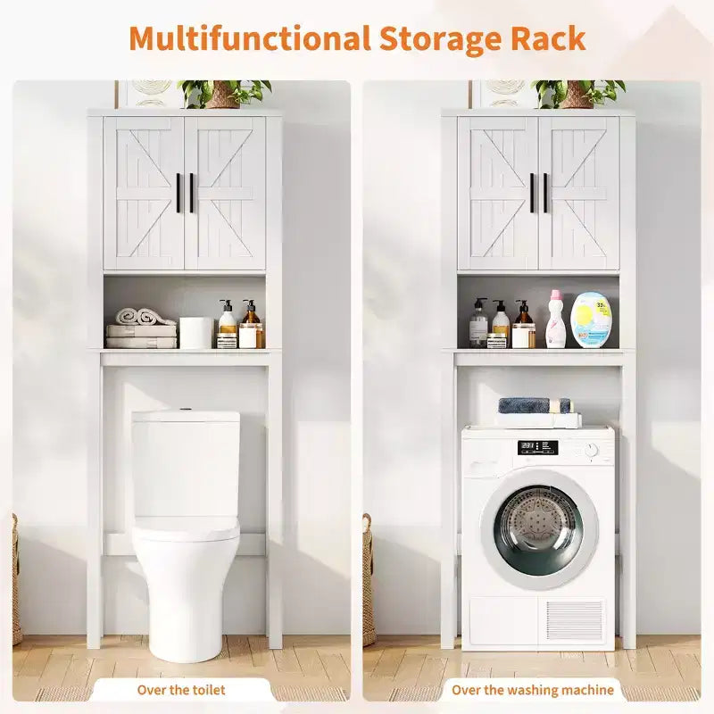 Freestanding Over the Toilet Storage Cabinet 2 Barn Doors Toilet Paper Holder Space-Saving Bathroom Organizer Shelf with Doors Shelve