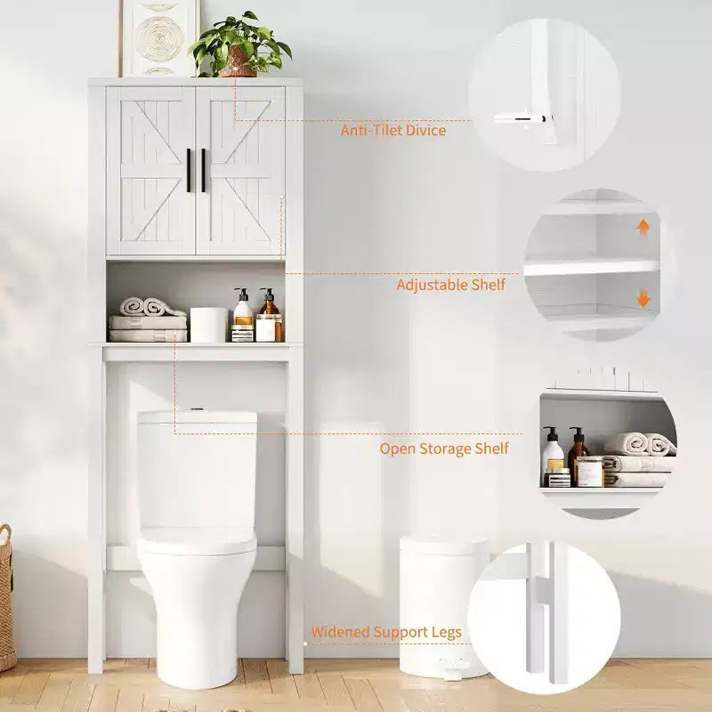 Freestanding Over the Toilet Storage Cabinet 2 Barn Doors Toilet Paper Holder Space-Saving Bathroom Organizer Shelf with Doors Shelve