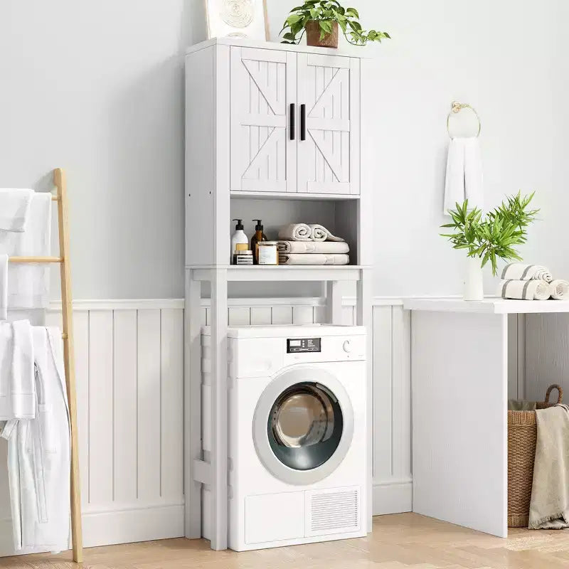 Freestanding Over the Toilet Storage Cabinet 2 Barn Doors Toilet Paper Holder Space-Saving Bathroom Organizer Shelf with Doors Shelve
