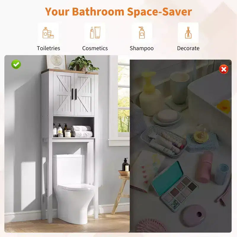 Freestanding Over the Toilet Storage Cabinet 2 Barn Doors Toilet Paper Holder Space-Saving Bathroom Organizer Shelf with Doors Shelve
