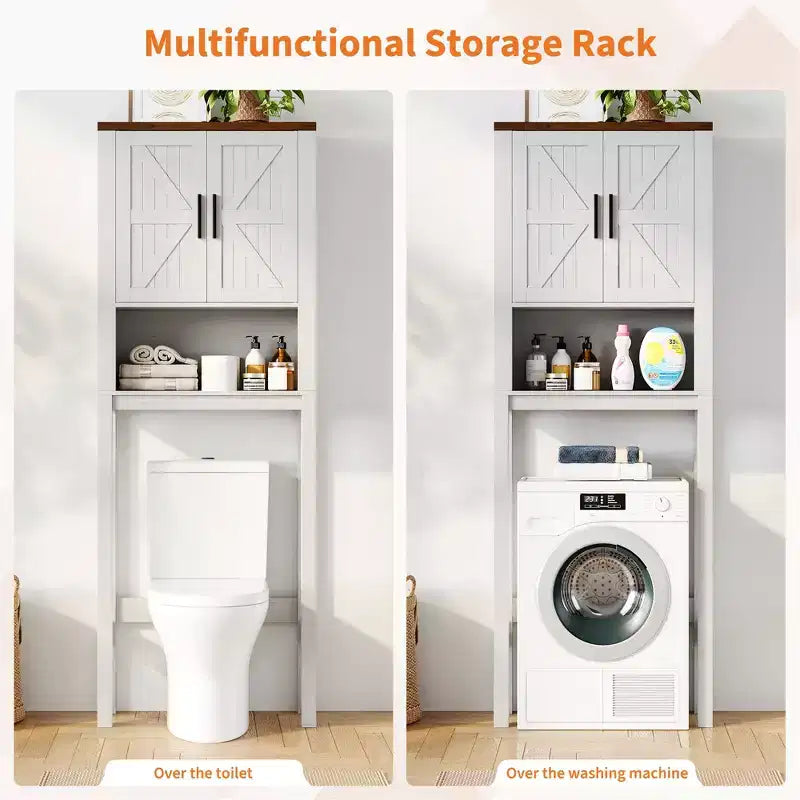 Freestanding Over the Toilet Storage Cabinet 2 Barn Doors Toilet Paper Holder Space-Saving Bathroom Organizer Shelf with Doors Shelve