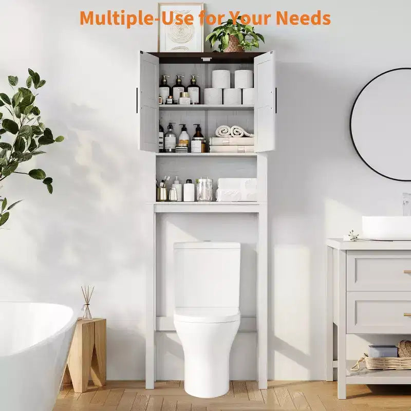 Freestanding Over the Toilet Storage Cabinet 2 Barn Doors Toilet Paper Holder Space-Saving Bathroom Organizer Shelf with Doors Shelve