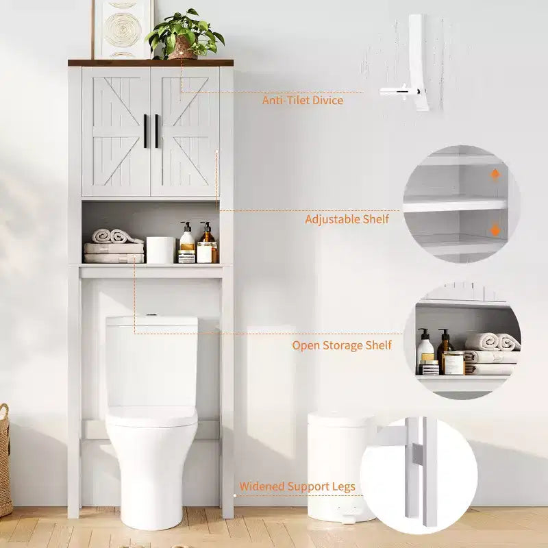 Freestanding Over the Toilet Storage Cabinet 2 Barn Doors Toilet Paper Holder Space-Saving Bathroom Organizer Shelf with Doors Shelve