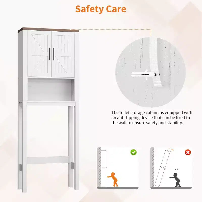 Freestanding Over the Toilet Storage Cabinet 2 Barn Doors Toilet Paper Holder Space-Saving Bathroom Organizer Shelf with Doors Shelve