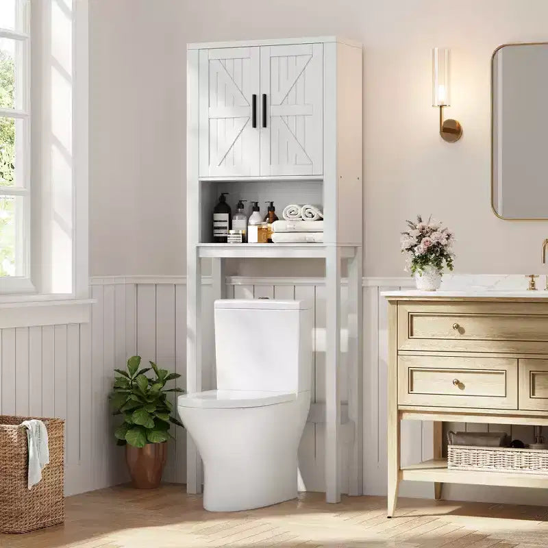 Freestanding Over the Toilet Storage Cabinet 2 Barn Doors Toilet Paper Holder Space-Saving Bathroom Organizer Shelf with Doors Shelve