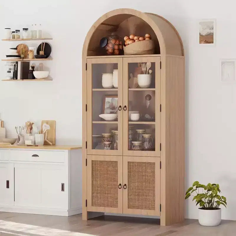 71 Arched Bookcase with Glass Doors&Rattan Storage,Modern Kitchen Storage Cabinet with Adjustable Shelves,Wood Cupboard for Dining Room&Living Room