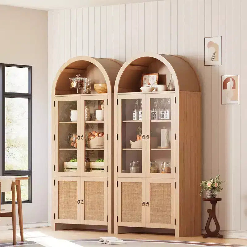 71 Arched Bookcase with Glass Doors&Rattan Storage,Modern Kitchen Storage Cabinet with Adjustable Shelves,Wood Cupboard for Dining Room&Living Room